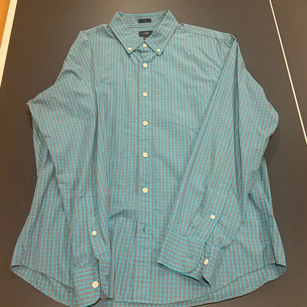 J. Crew Turquoise and Brown Plaid Shirt